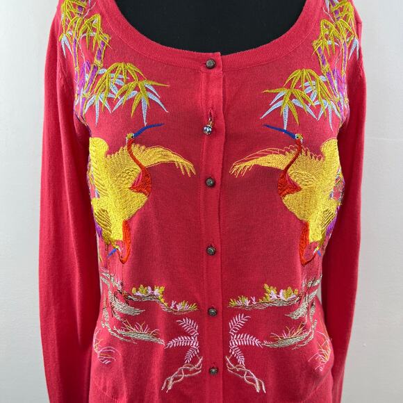 Soft Surroundings Pink XS Cardigan Sweater Embroidered Cranes Birds Long Sleeve - Picture 2 of 10